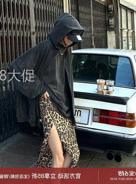 0122stepll 野性DNA 豹纹半身裙女美式辣妹低腰直筒下摆开叉长裙