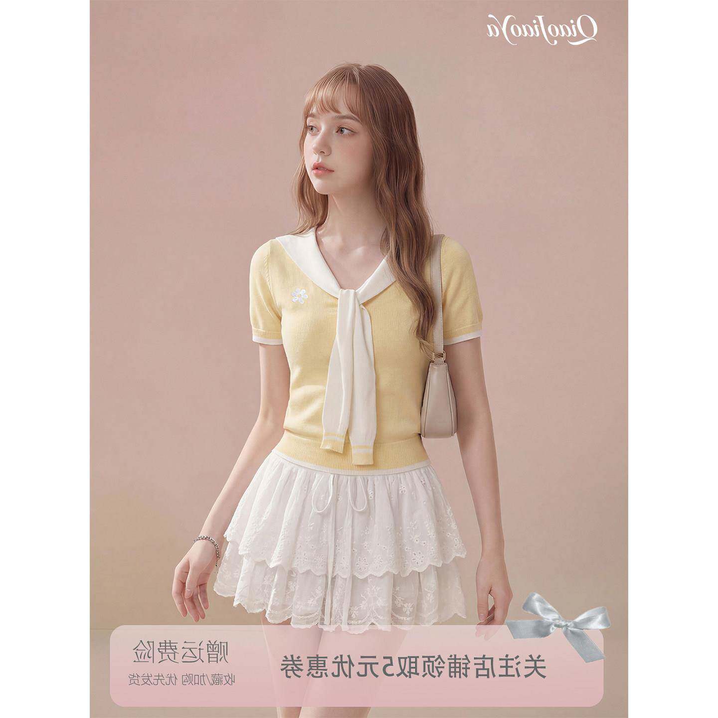 黄色假两件海军领正肩针织短袖t恤女夏季设计感修身显瘦短款上衣