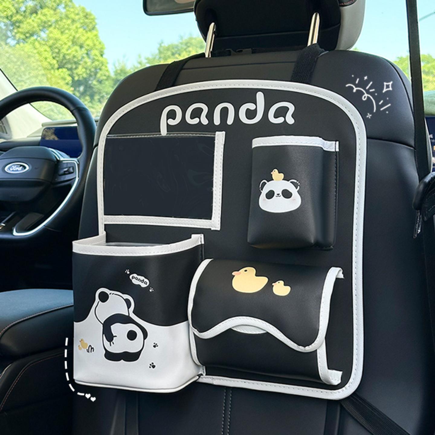 可爱熊猫汽车椅背收纳袋皮革耐脏耐磨多功能挂式车载垃圾桶纸巾盒