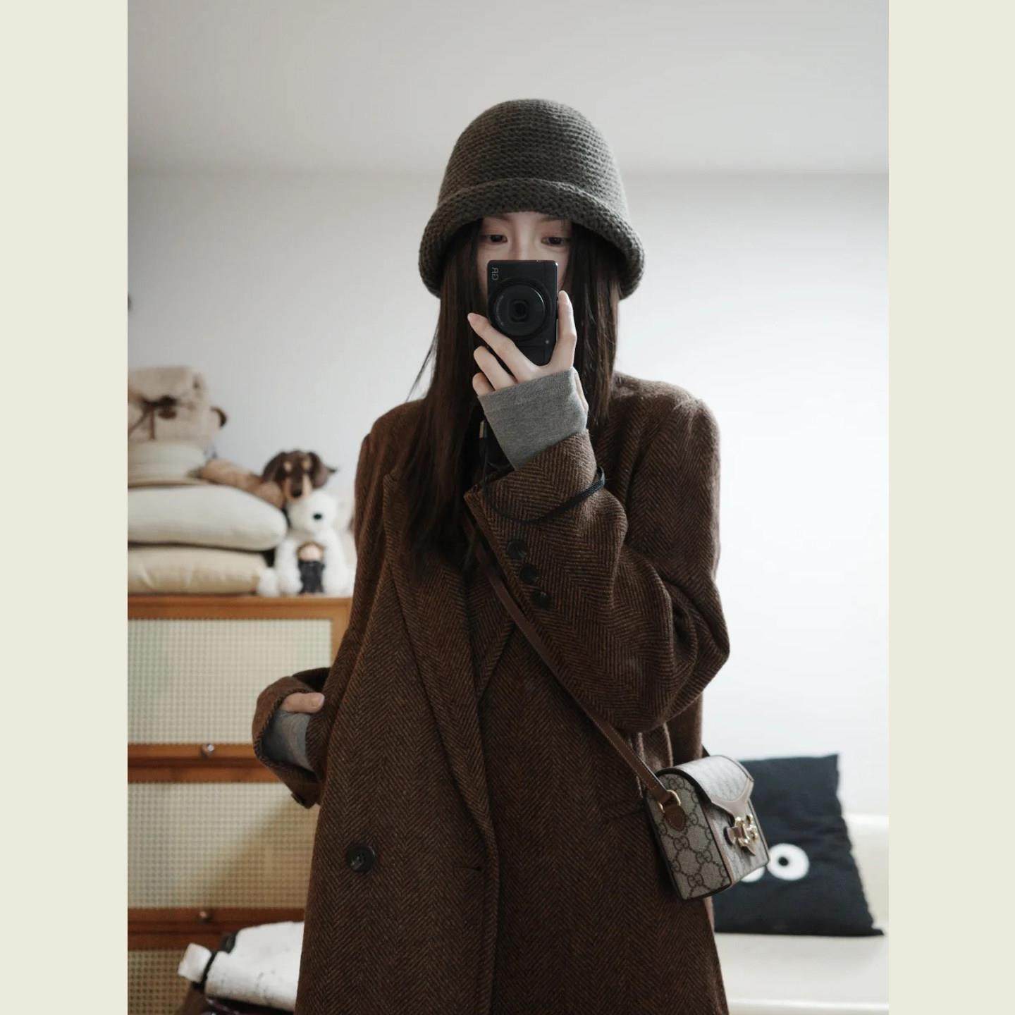 复古咖色人字纹毛呢大衣女冬季韩系通勤气质显瘦中长款呢子外套,运动/瑜伽/健身/球迷用品,广场舞套装,淘宝优惠券,粉丝福利购,淘宝优惠卷