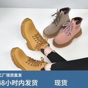 中跟马丁靴2022年新款女圆头系带大黄靴春秋季单靴短靴厚底防水台