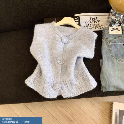 蓝色花朵针织马甲女秋冬季外穿坎肩无袖背心毛衣开衫义乌叠穿上衣