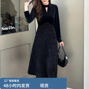 赫本风小黑裙2025新款春款女拼接假两件配大衣收腰显瘦咝戎连衣裙