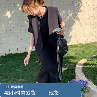 胖mm特大码300斤黑色显瘦气质西装马甲连衣裙两件套夏季宽松裙子2