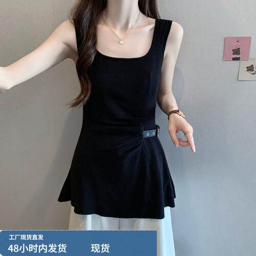 大码胖妹妹夏季法式设计感无袖背心显瘦方领吊带裙减龄遮肚子上衣