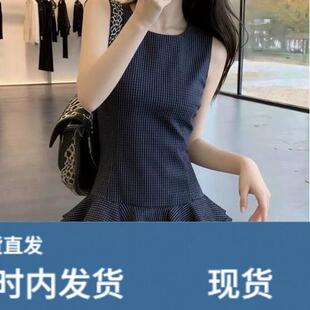 小个子绝美气质掐腰格子无袖蛋糕连衣裙女修身显瘦格子荷叶A字裙