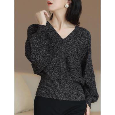 轻熟覆古气质蝙蝠针织衫女2024春装新款秋冬宽松慵懒软糯v领毛衣