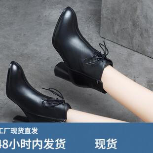 高跟短靴女2025年新款春秋单靴粗跟真皮牛皮鞋马丁靴子女鞋欧洲站