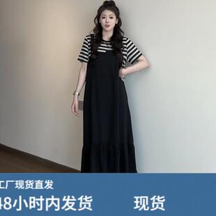 大尺码女装胖mm韩版圆领假两件条纹拼接洋装2025夏季气质显瘦长裙