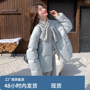 韩系chic蓝色羽绒服女冬超火好看高级小众加厚漂亮短款面包服外套