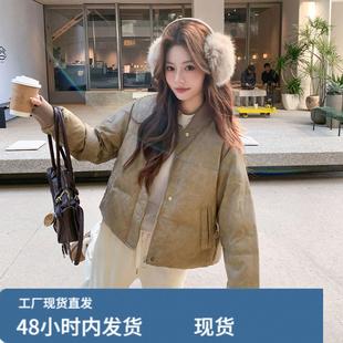 军绿色皮衣羽绒服女冬2025年超火好看高级小众短款加厚机车服外套