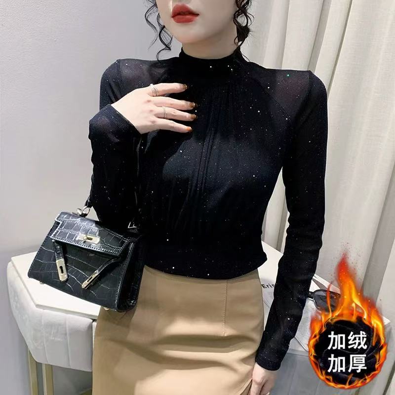 加绒时尚半高领打底衫长袖蕾丝网纱显瘦时尚百搭气质女人味小衫女