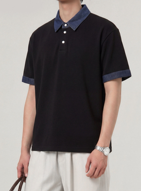 Z.W-2026夏季新品撞色牛仔拼接领休闲百搭POLO衫男翻领T恤Z8030