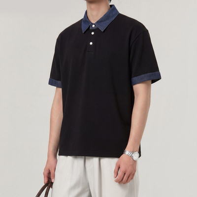 Z.W-2026夏季新品撞色牛仔拼接领休闲百搭POLO衫男翻领T恤Z8030