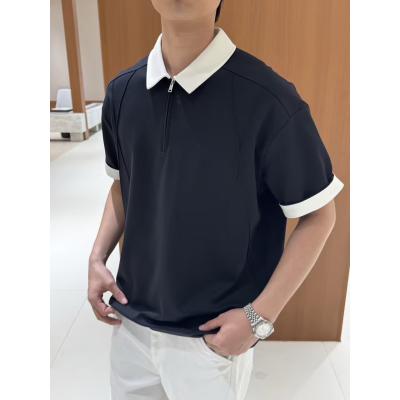 Z.W-2026夏季新款重磅裁剪拼色领拉链奢丝棉短袖POLO衫男Z8078