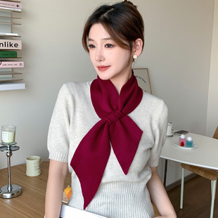 秋冬窄长条针织小围巾纯色百搭自带穿口斜角交叉领巾学生通勤围脖