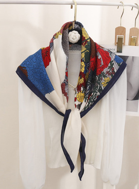 秋水绒90X90CM大方巾 古风花卉拼色大马春秋女围巾胡肩颈披肩两用
