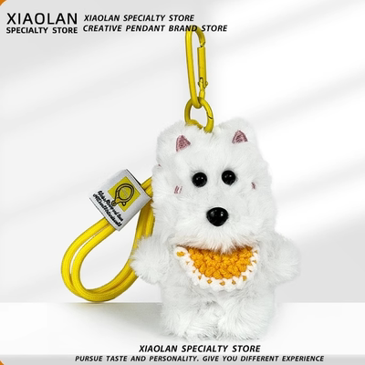 小红书同款毛绒西高地小狗包挂件手工钩织迷你围兜口水巾狗狗玩偶