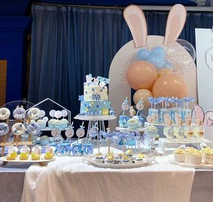 饰插牌周岁小兔子生日装 蓝色系男宝兔宝宝百日甜品台蛋糕装 扮摆件