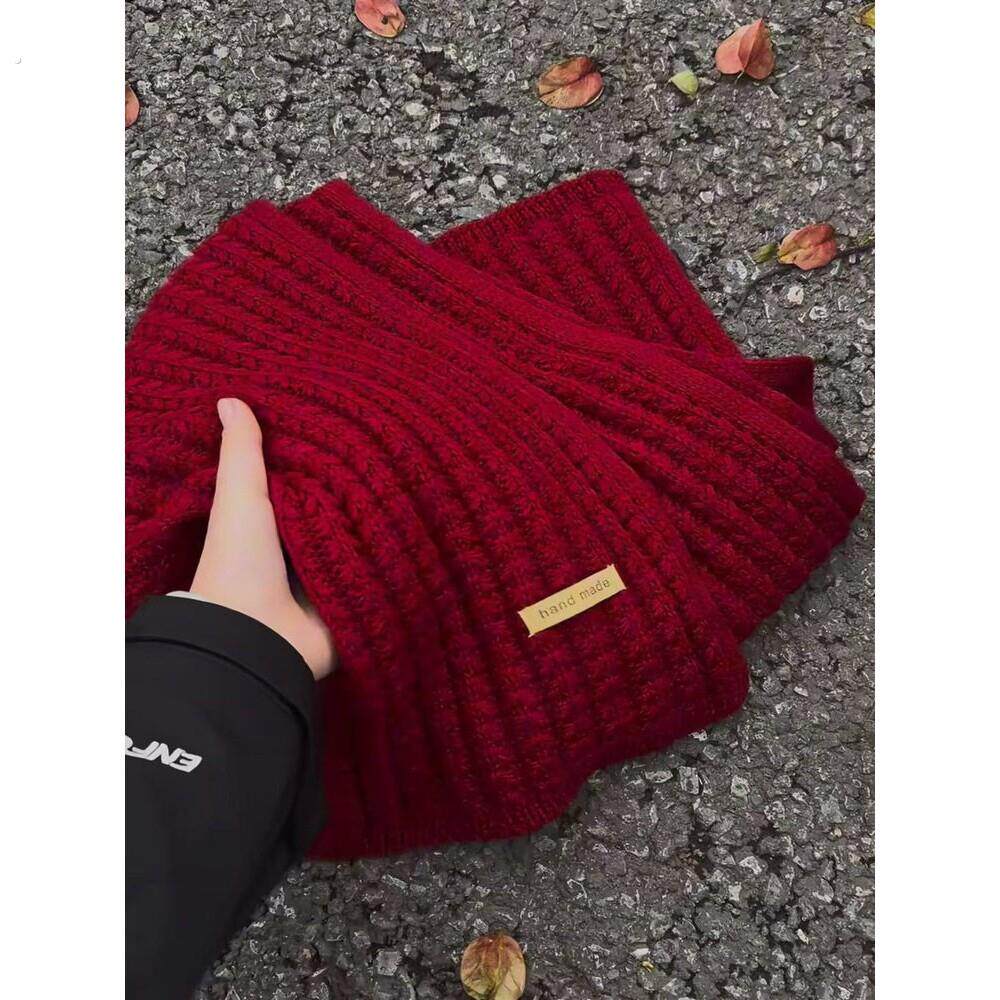 红色新年围巾女冬季保暖纯色韩版加厚针织毛线围脖送男友御寒披肩