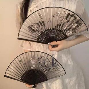 中国风折叠小扇子古风扇汉服舞蹈水墨画绸布新中式闺蜜黑色折扇女