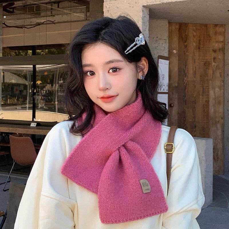 蓝色毛线围脖保暖简约针织小围巾女秋冬季本命年韩版减龄百搭纯色