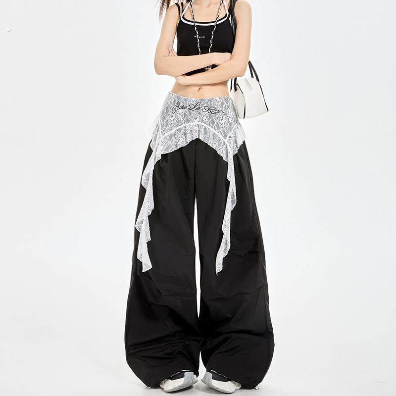 韩版高街蕾丝拼接休闲裤女夏季梨形身材覆古宽松显瘦阔腿拖地裤潮,女装/女士精品,休闲裤,淘宝优惠券,粉丝福利购,淘宝优惠卷