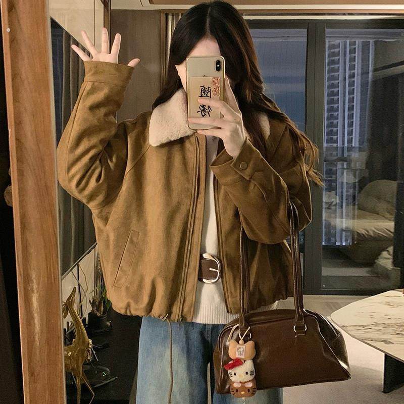 麂皮绒夹棉外套女冬季2025年新款加厚保暖羊羔毛翻领短款夹克上衣,女装/女士精品,短外套,淘宝优惠券,粉丝福利购,淘宝优惠卷