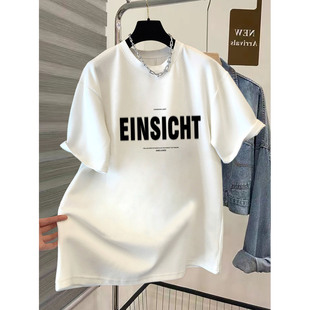 2025新款纯棉磨毛短袖t恤女中长款宽松白色上衣加厚打底衫春秋季