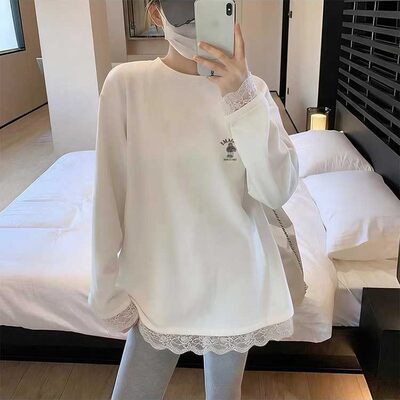 中长款蕾丝磨毛纯棉长袖t恤女ins