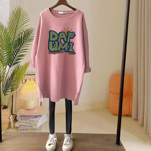 纯棉磨毛长袖t恤女中长款加厚款