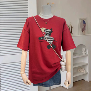 2025新款纯棉磨毛短袖T恤女韩版宽松大码红色上衣中长款春秋季潮