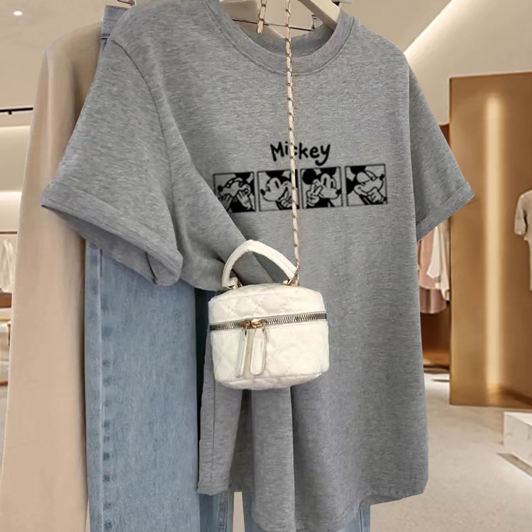 中长款磨毛纯棉短袖t恤女宽松休闲大码灰色上衣打底衫春夏秋冬季