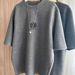 2026夏季新宽松中长款灰色磨毛短袖T恤女纯棉字母印花打底衫上衣