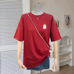 中长款红色磨毛纯棉短袖t恤女宽松休闲大码上衣打底衫春夏秋冬季