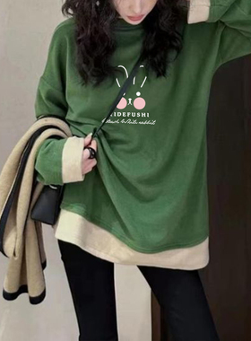 可爱休闲风绿色德绒长袖假两件T恤女卡通印花宽松显白遮肉上衣潮