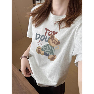白灰色短袖纯棉t恤女2026夏季新款卡通玩偶熊体恤正肩显瘦上衣ins
