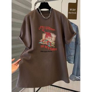 磨毛短袖t恤女中长款遮屁股宽松休闲上衣加厚款打底衫春夏秋冬季