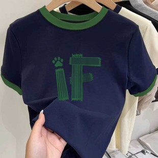 时尚 圆领拼色纯棉正肩短袖 t恤女2025新款 时髦流行休闲显瘦打底衫