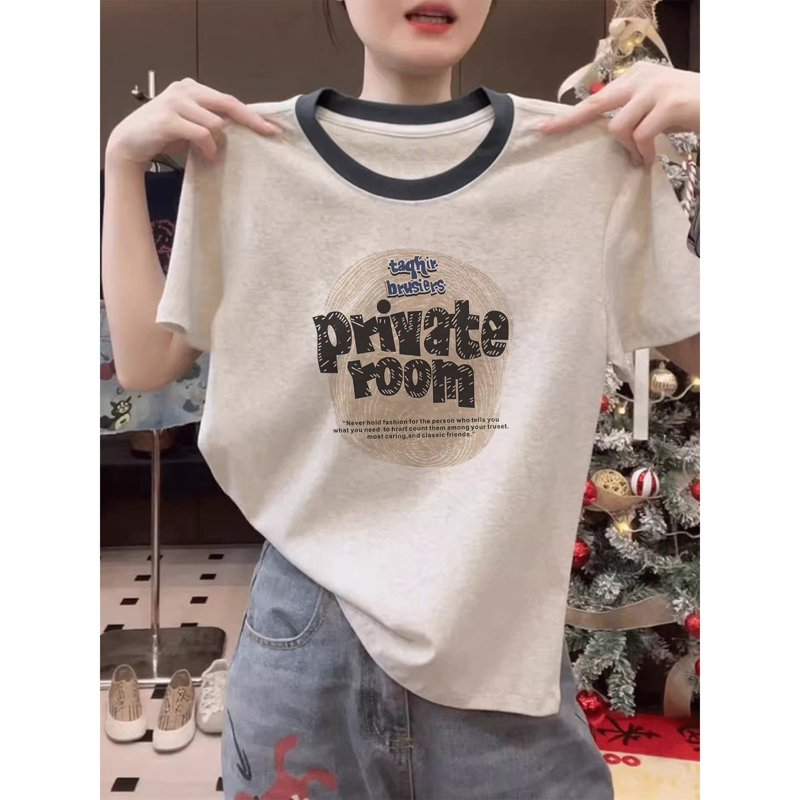 小众正肩拼色纯棉短袖t恤女时尚百搭减龄显瘦浅花灰色上衣夏季潮 - 实物图