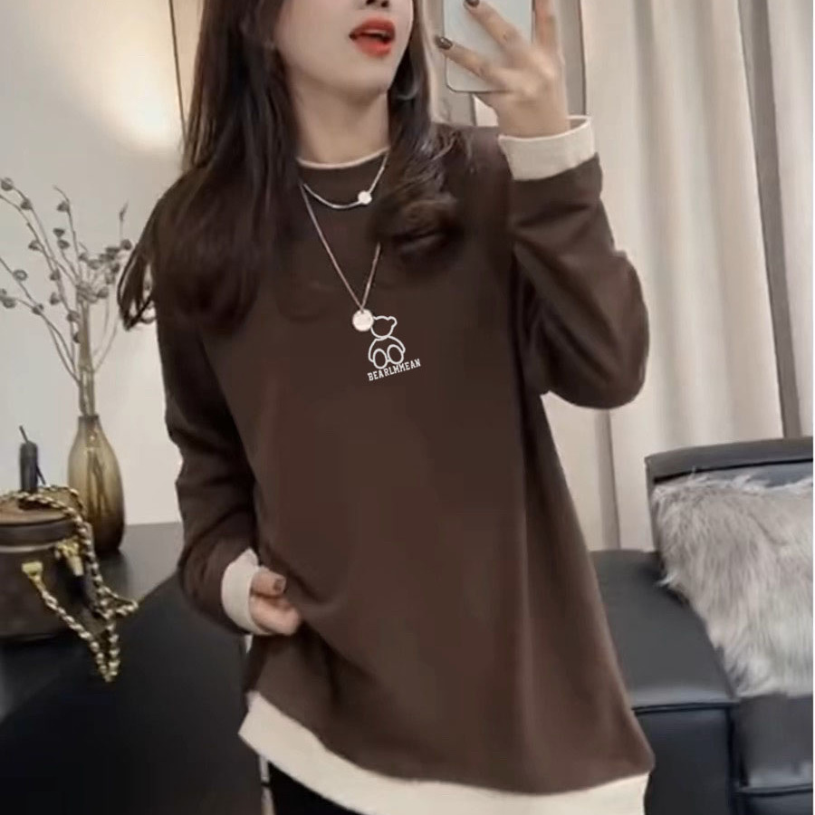 德绒磨毛长袖t恤女中长款设计感