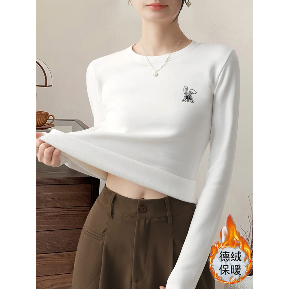 新款德绒磨毛正肩长袖t恤女时尚