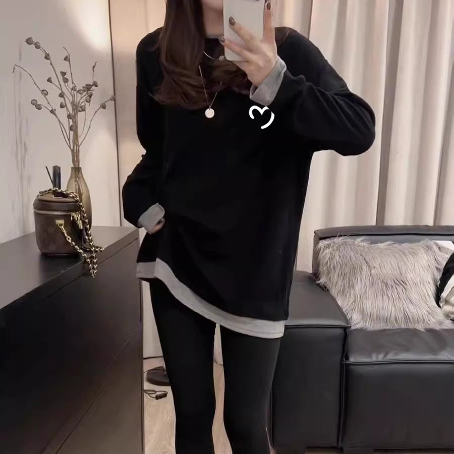 德绒加厚假两件长袖T恤女黑色中长款百搭宽松舒适时髦打底衫上衣,女装/女士精品,T恤,淘宝优惠券,粉丝福利购,淘宝优惠卷