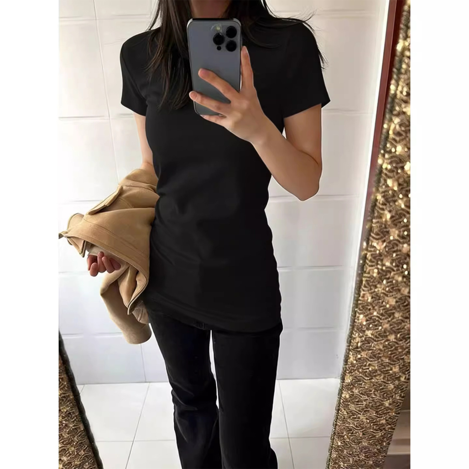 黑色纯棉正肩短袖T恤女夏季圆领修身中长款打底衫搭配瑜伽裤上衣
