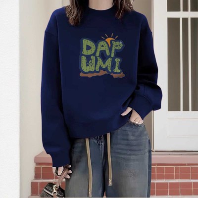 韩版圆领加绒加厚藏青色卫衣女