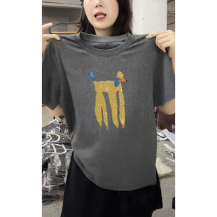 潮 2025新款 正肩纯棉短袖 t恤女别致印花洋气深灰色上衣打底衫 夏季