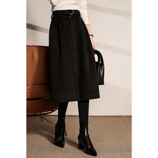 赫本风纯黑羊毛呢半身裙女秋冬中长款 搭配外套裙子 高腰a字裙冬季