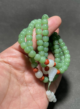 和田玉碧玉粉绿老型珠108珠链6*7 颜色均匀漂亮搭配籽料配珠