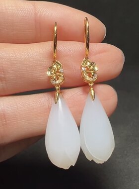 新疆和田玉白玉籽料18K金镶玉兰花耳坠耳钩耳饰苏工精雕白细一级