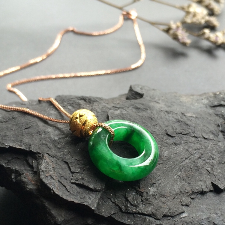 天然A货翡翠18K玫瑰金镶玉翡翠平安扣转运吊坠男女款吊坠玉项链